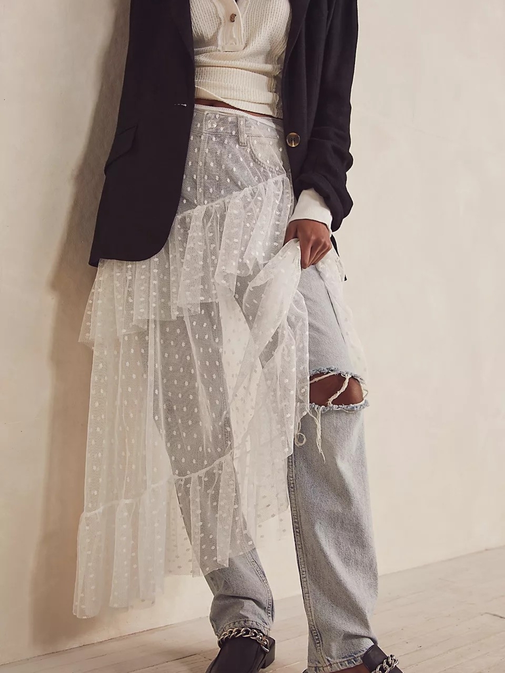 Free People Run Wild White  Polka Swiss Dot Ruffled Half Slip Skirt Nwt Sz M